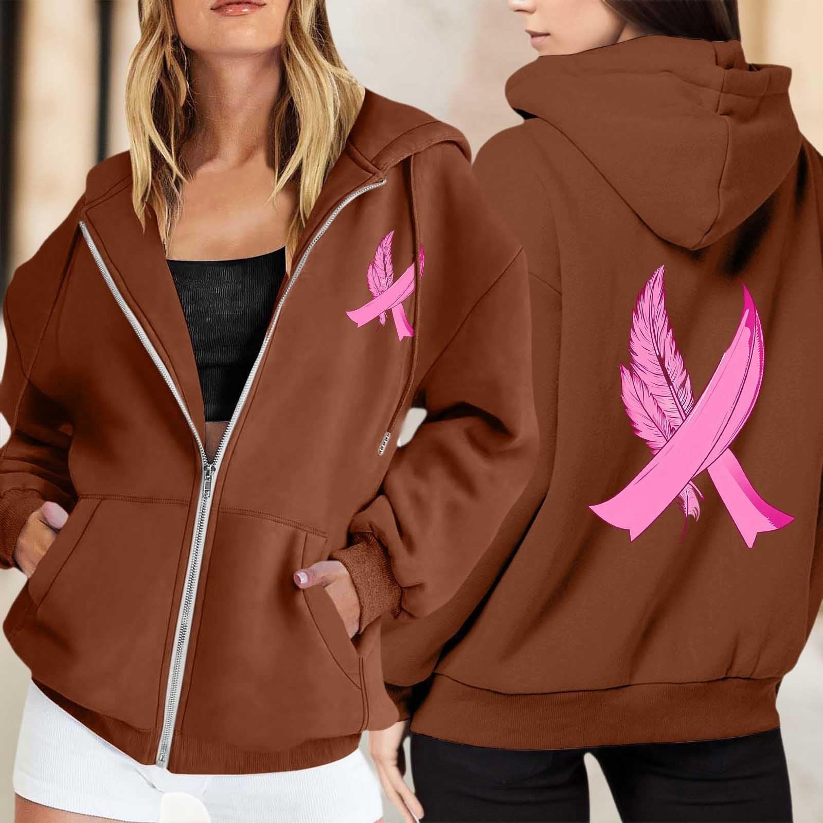 

Women s Breast Sweatshirt Ribbon Breast Long Sleeve Hooded Pocket Casual Sweatshirt Jacket XL коричневий