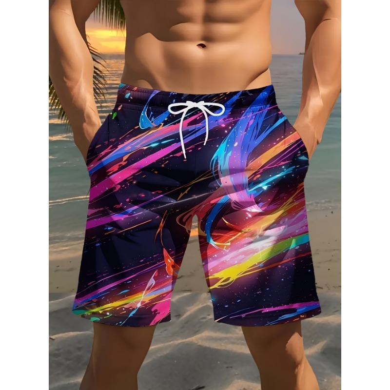 Men's beach shorts, 3D printed with light pattern, - casual polyester drawstring waist, men's swimming trunks, men's swimming trunks, men's fashion