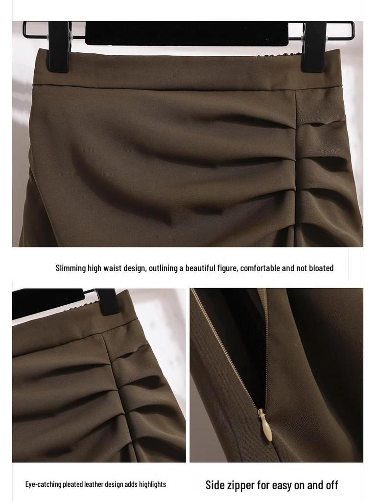 Women’s High-Waisted Black Midi Skirt with Slit – Elegant Draping for Spring and Autumn 2024.
