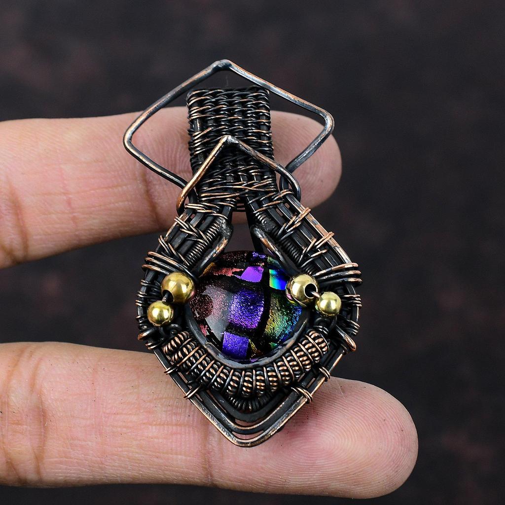 Pandantiv American din Sticlă Dicroică, Pandantiv Înfășurat în Sârmă de Cupru, Piatră Prețioasă, Bijuterii din Cupru, Pandantiv de Designer, Bijuterii Handmade Înfășurate în Sârmă, Cadou Pentru El