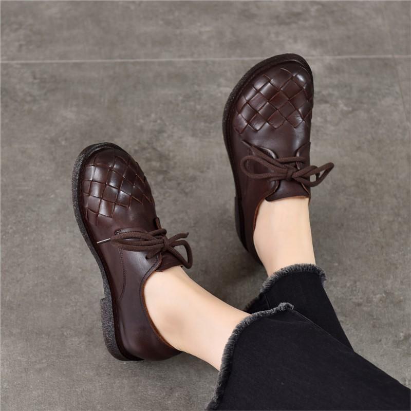 Johnature Vintage Genuine Leather Woven Low Heel Shoes Versatile Round Toe Lace Up Women's Shoes