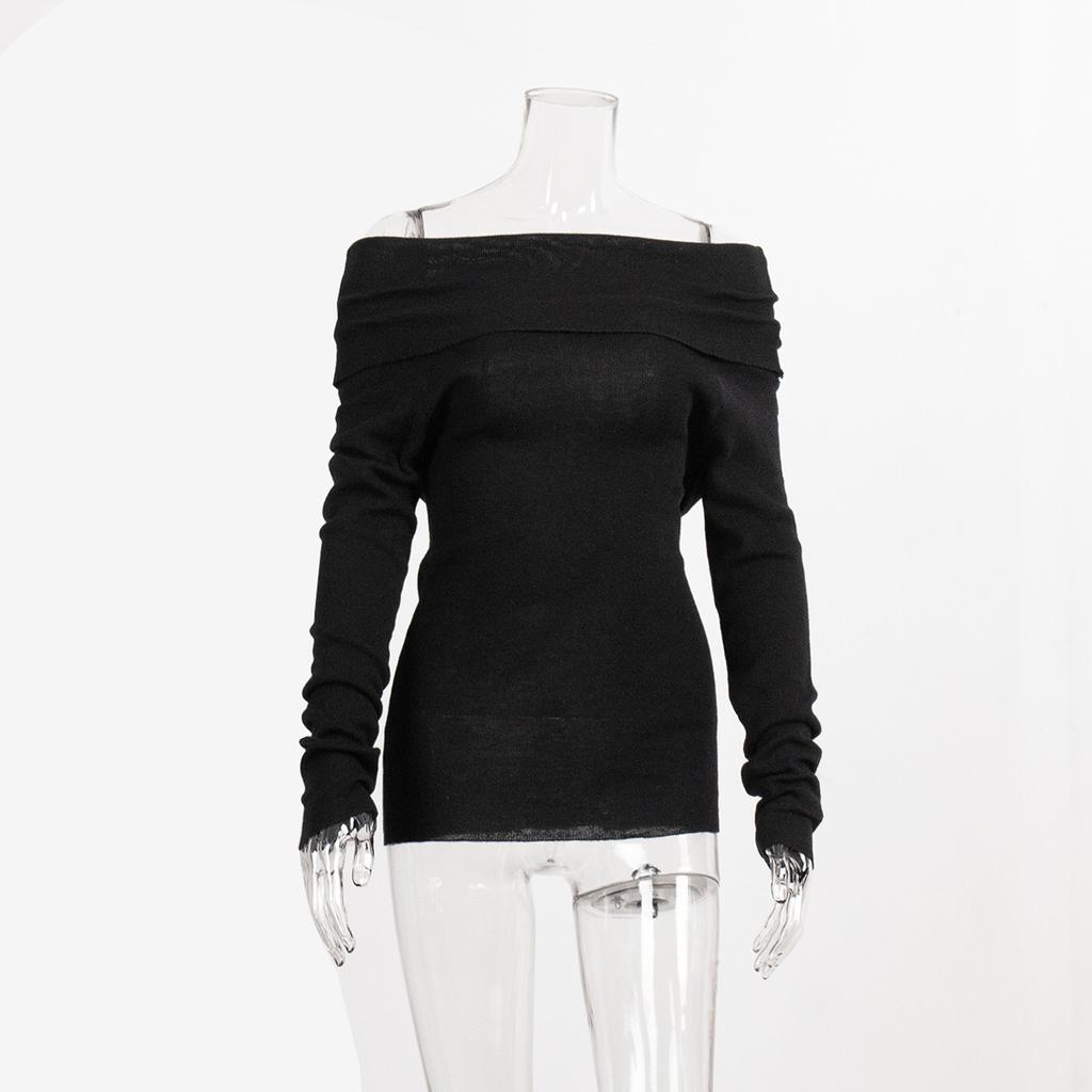 Spring and Autumn Off Shoulder Knitted Shirt Sexy Slimming Solid Color Long Sleeve Women's T-shirts