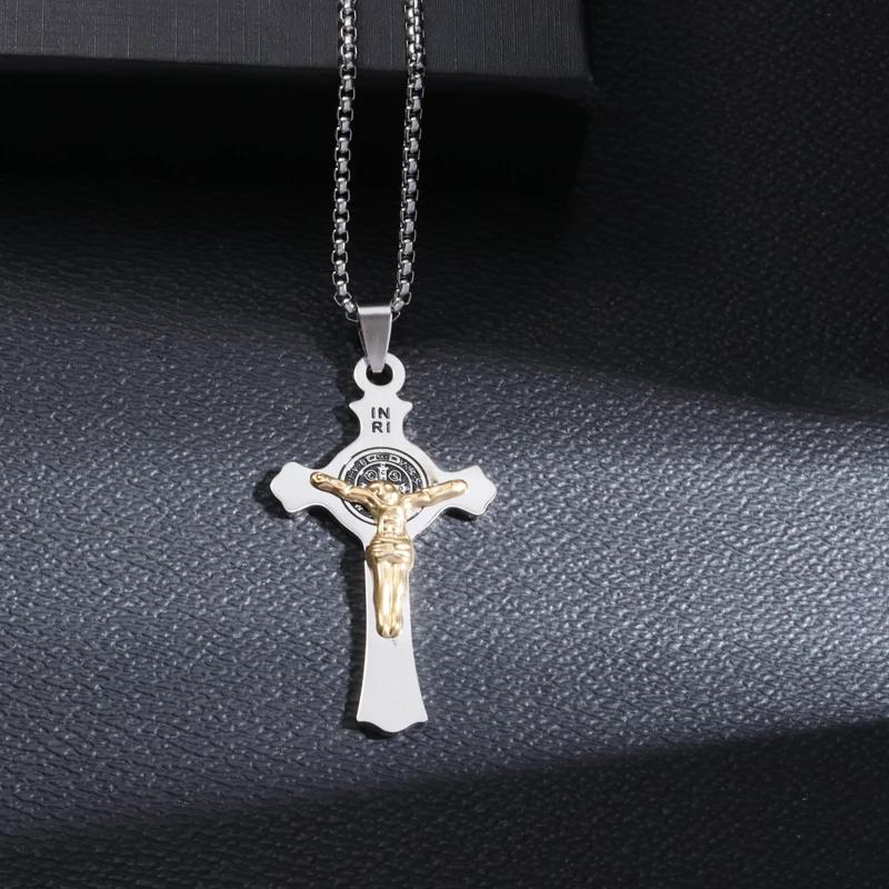 Saint St. Benedict Jesus Cross Pendant Necklace Men and Women Religious Christian Catholic Amulet Stainless Steel Jewelry