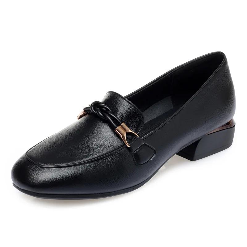 Elegant Thick Heeled Pumps Women Soft Leather Round Toe Slip-On Loafers Comfort Low Heel Lady Shoes Handmade Women's Work Shoes