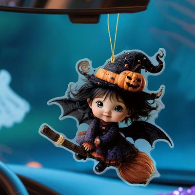 Yousheng Závěsná dekorace do auta Kreslená čarodějnická kočka/Děti 2D plochá akrylová přívěsek Halloweenská ozdoba na zpětné zrcátko do auta na okno zeď auto
