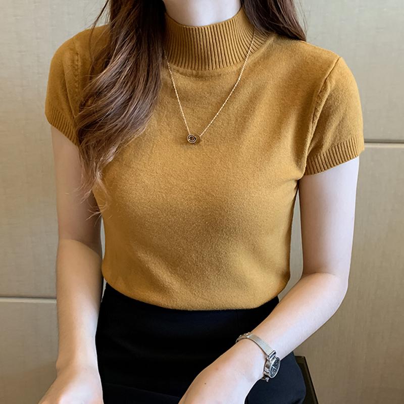 Mode Sommer Kurzarm Schwarz Weiß Gestrickter Pullover T-Shirt Damen Slim Strick T-Shirt Damen Oberteile T-Shirts JJ02