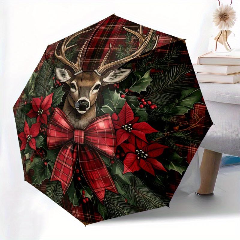 Christmas Deer Wreath Wooden Wall Sign Decoration Umbrella, Cute Umbrella with Cute Design, Portable 3-Fold Compact Umbrella for Men & Women, Valentin