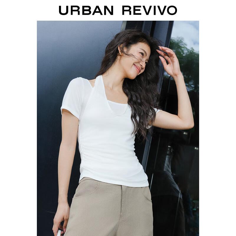 UR Women's Halter-Neck Faux Two-Piece Pleated Short Sleeve T-Shirt