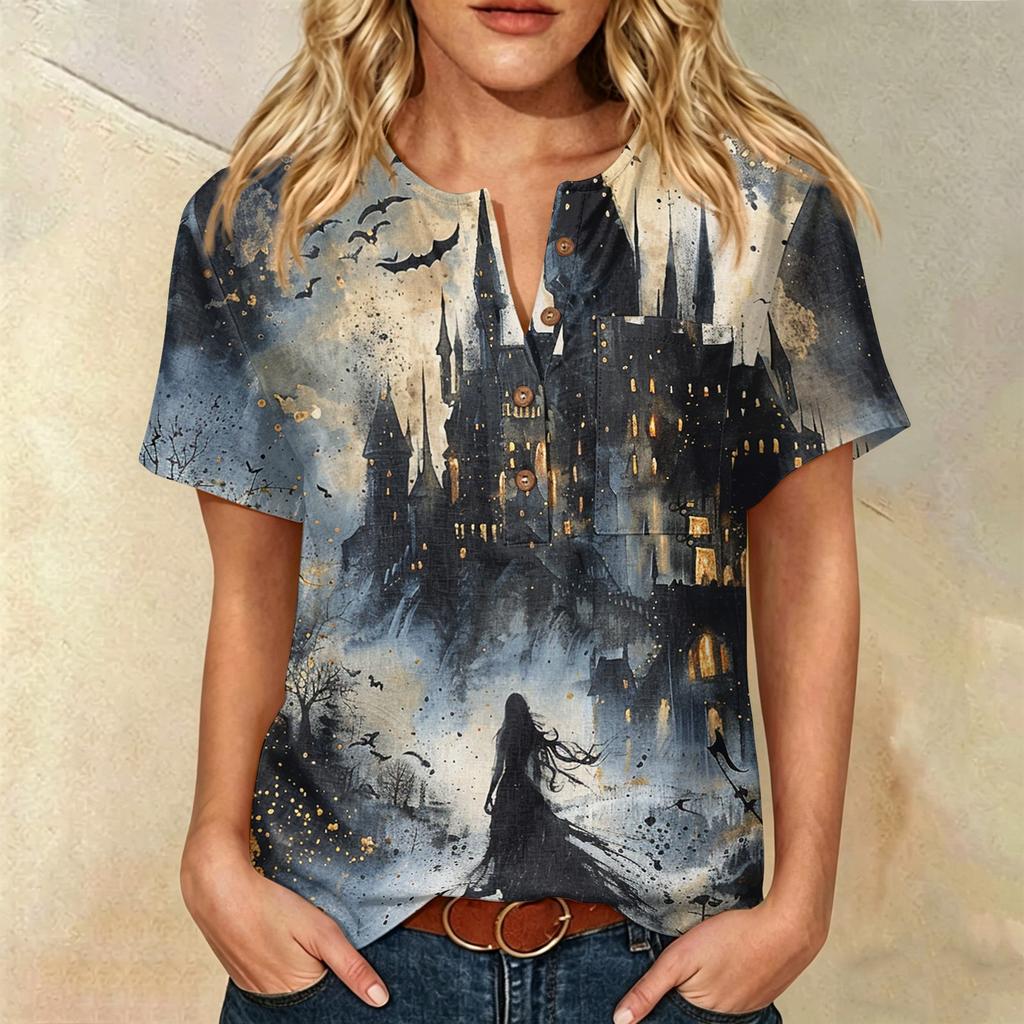 Women's Casual Short Sleeve Linen Cotton Blend Henley Shirt with Chest Pocket Halloween Themed Graphic Print