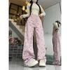 Pink Design Sense Bear Print Straight Leg Jeans Women Autumn Small Tall Waist Loose Slim Wide Leg Pants Trend