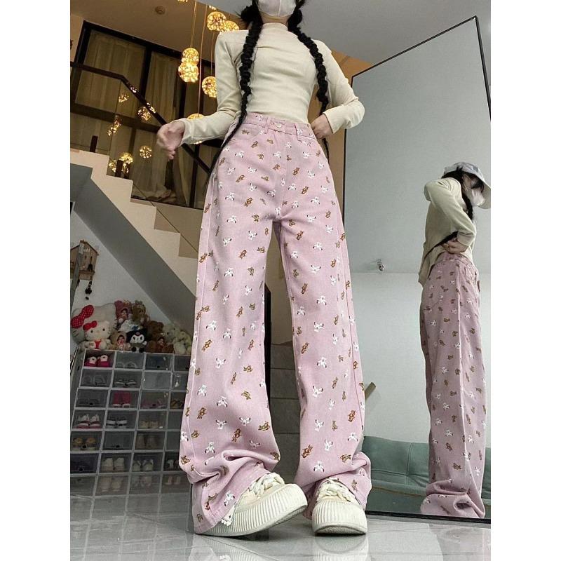 Pink Design Sense Bear Print Straight Leg Jeans Women Autumn Small Tall Waist Loose Slim Wide Leg Pants Trend