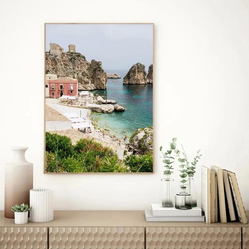 Italy Sicily Mediterranean Coast Posters Modern Landscape Posters and Prints Canvas Painting Decor Living Room Home Decoration