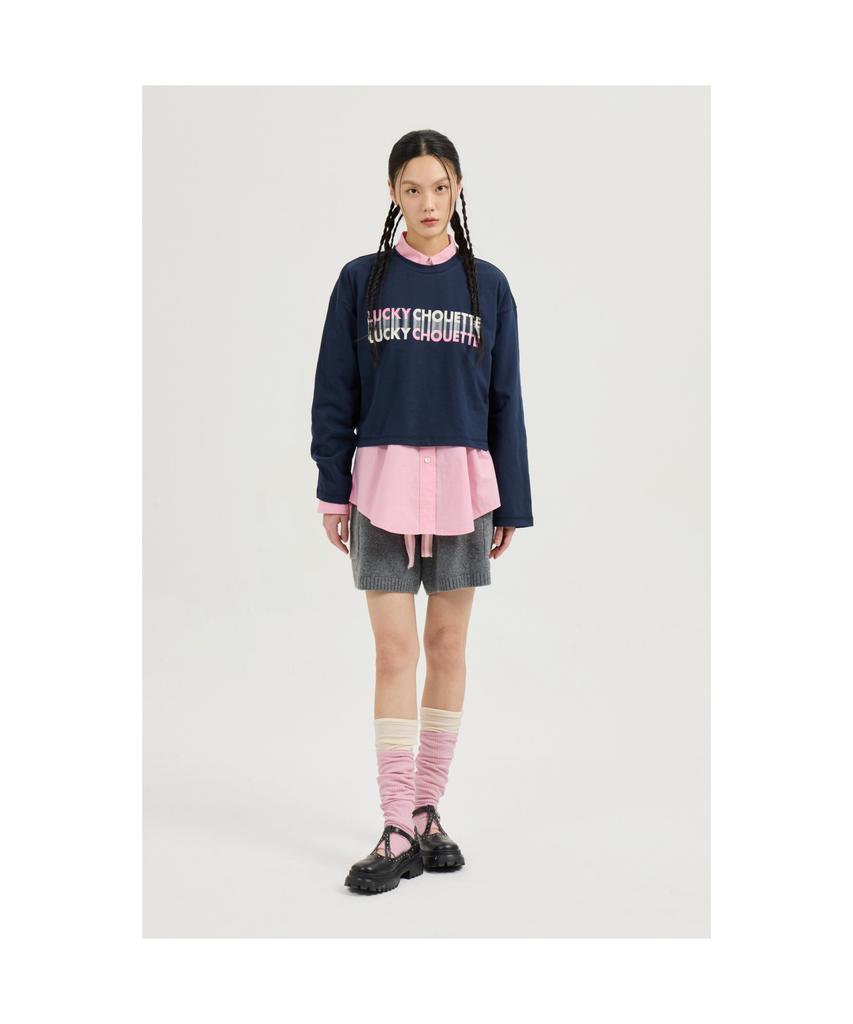 LUCKY CHOUETTE Printed Cropped Long-Sleeved T-Shirt (Dark Navy) Lftas25170Nyd