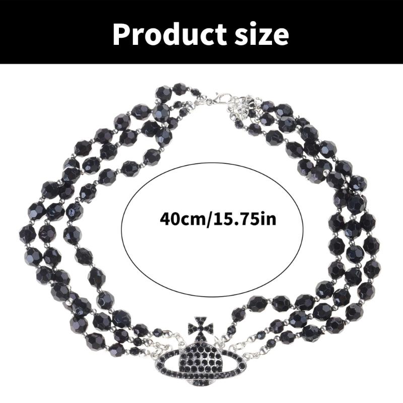 Elegante mehrschichtige schwarze Kristall-Planeten-Anhänger-Halskette Perlenhalskette für modebewusste Frauen, die einzigartige Stile suchen