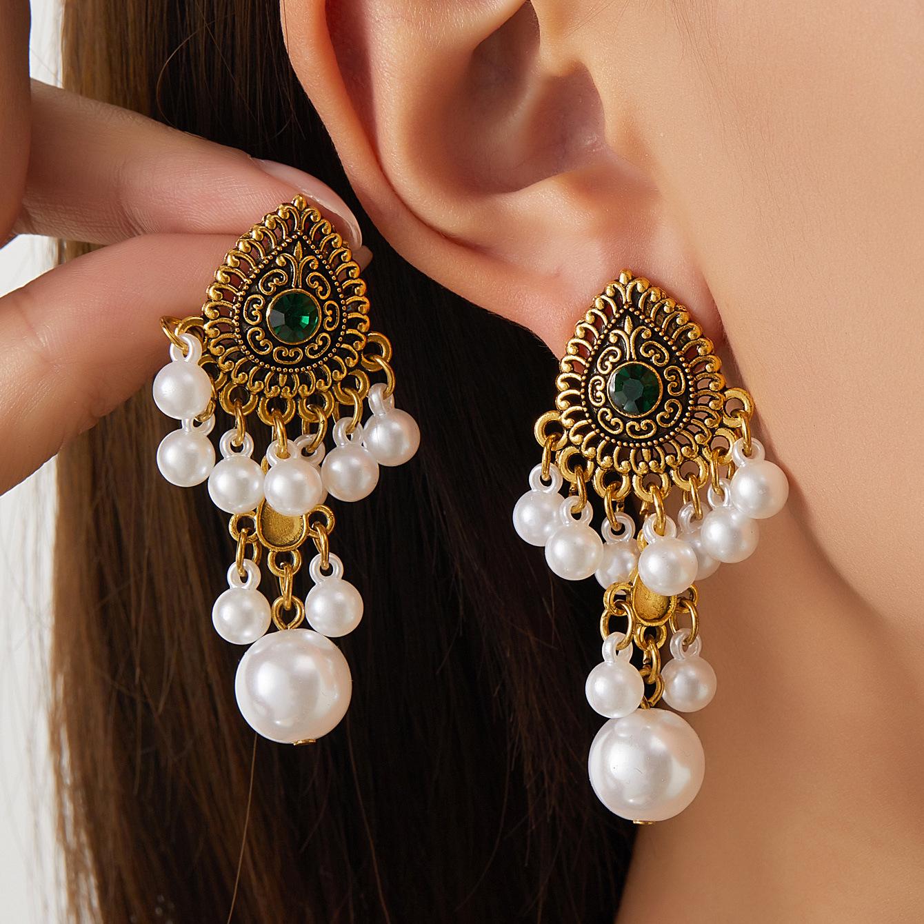 Bohemian Ethnic Style Rhinestone Tassel Pearl Water Drop Earrings for Women – Unique Hollow Design.