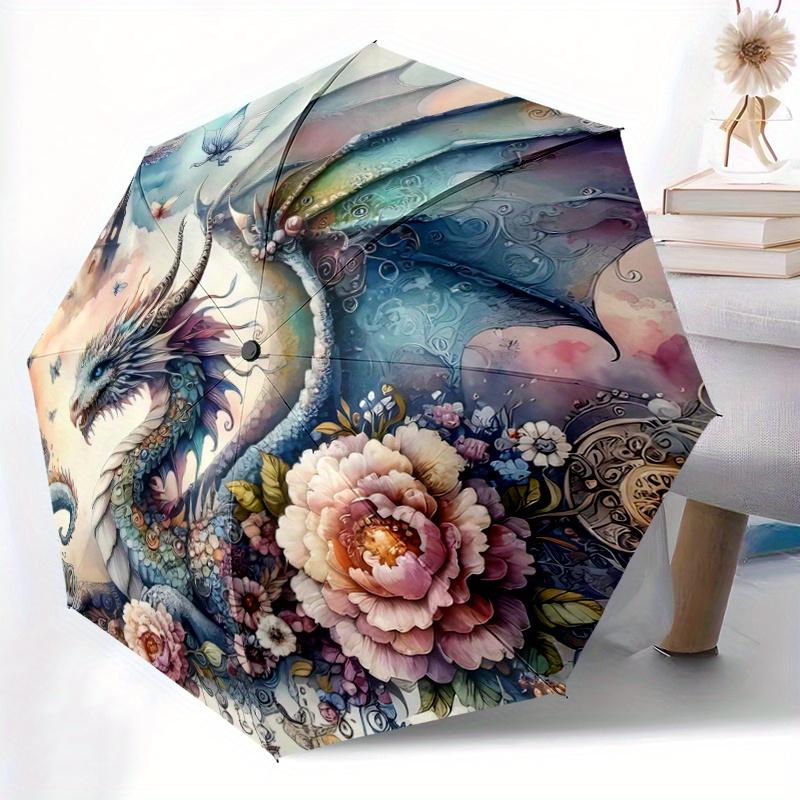 1pc Fantasy Dragon Floral Automatic Opening/Closing Umbrella - Portable 3-Fold Design, 8-Bone Iron Frame Outdoor Umbrella, Perfect Festival Gift