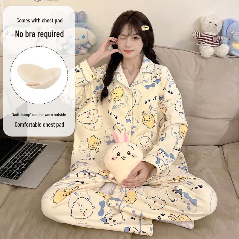 

Женский мультяшный хлопковый пижамный комплект с нагрудными вкладышами, лацканами и длинными рукавами - Большой размер, Осенне-зимняя домашняя одежда XXL (131-145 lbs)