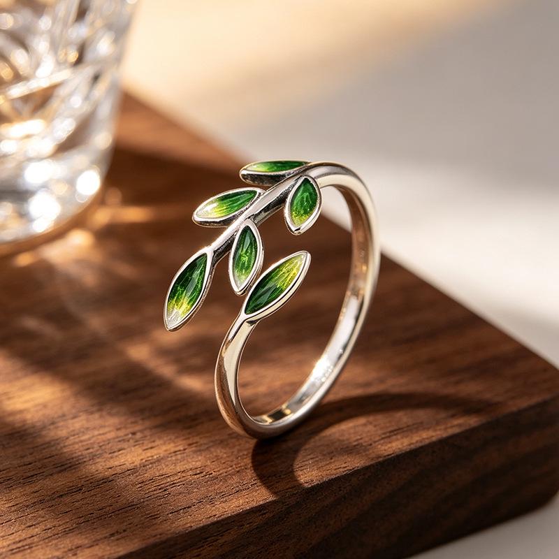 Simple Fresh Forest Style Green Leaf Ring for Women