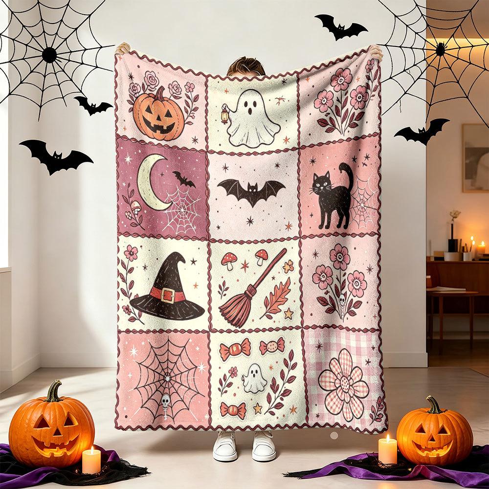 October Pick Witch Cat Fleece Blanket Bat Spider Web Floral Design Throw Blanket for Bedroom Sofa Halloween Home Decor Gift