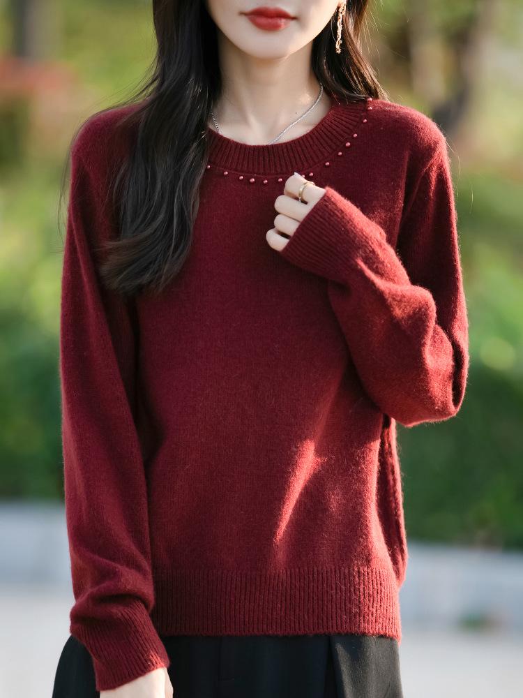 Women's Round Neck Long Sleeve Knit Sweater - Solid Color Loose Fit for Autumn and Winter