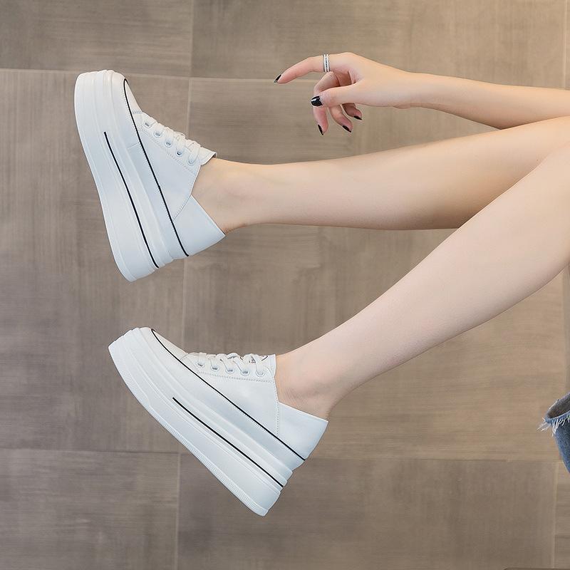 Inner Height Increase 8CM Leather Little White Shoes Women, Spring and Autumn New Versatile Korean Version Thick-soled Muffin Casual Shoes