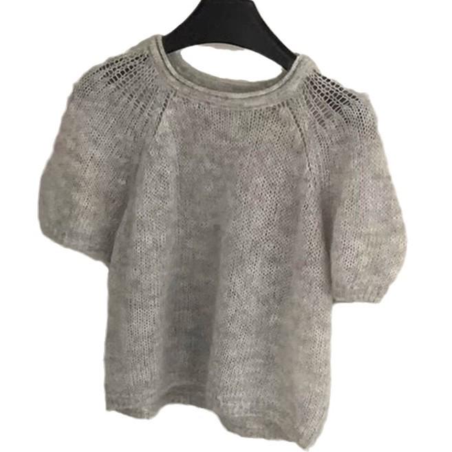 Women's Light Gray Puff Sleeve Mohair Sweater - Autumn/Winter, Round Neck, Short Sleeve Knit Top.