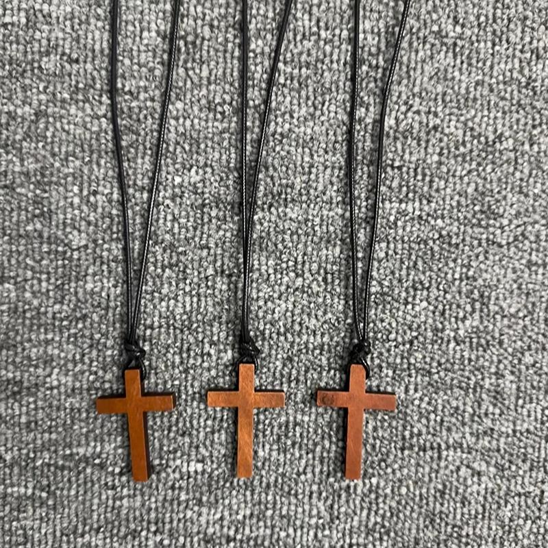Vintage Wooden Cross Pendant Wax Rope Necklace For Men Women Accessories Jewelry Gift