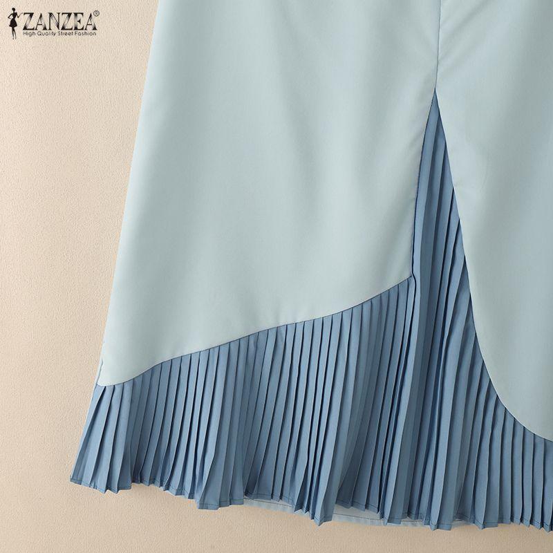VONDA Women Casual Zip-up Waist Patchwork Pleating Loose A-line Long Skirts