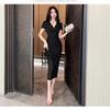 Summer new temperament mesh yarn low-cut V-neck waist split foot massage workcoat long dress women
