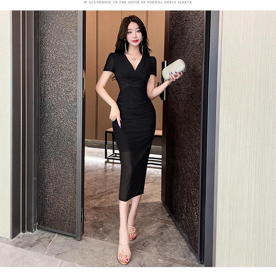 Summer new temperament mesh yarn low-cut V-neck waist split foot massage workcoat long dress women