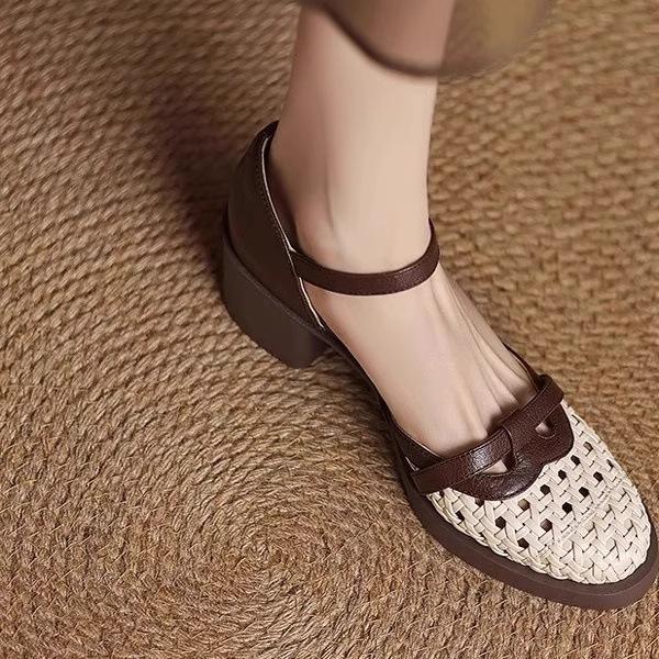 Soft leather not tired feet woven hollow high heel hollow bag head sandals women's summer 2025 new thick heel women's shoes