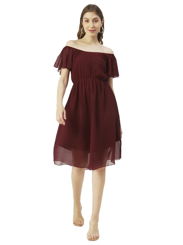 Moomaya Printed Off-Shoulder Poly Georgette Midi Dress Cinched Long Dress