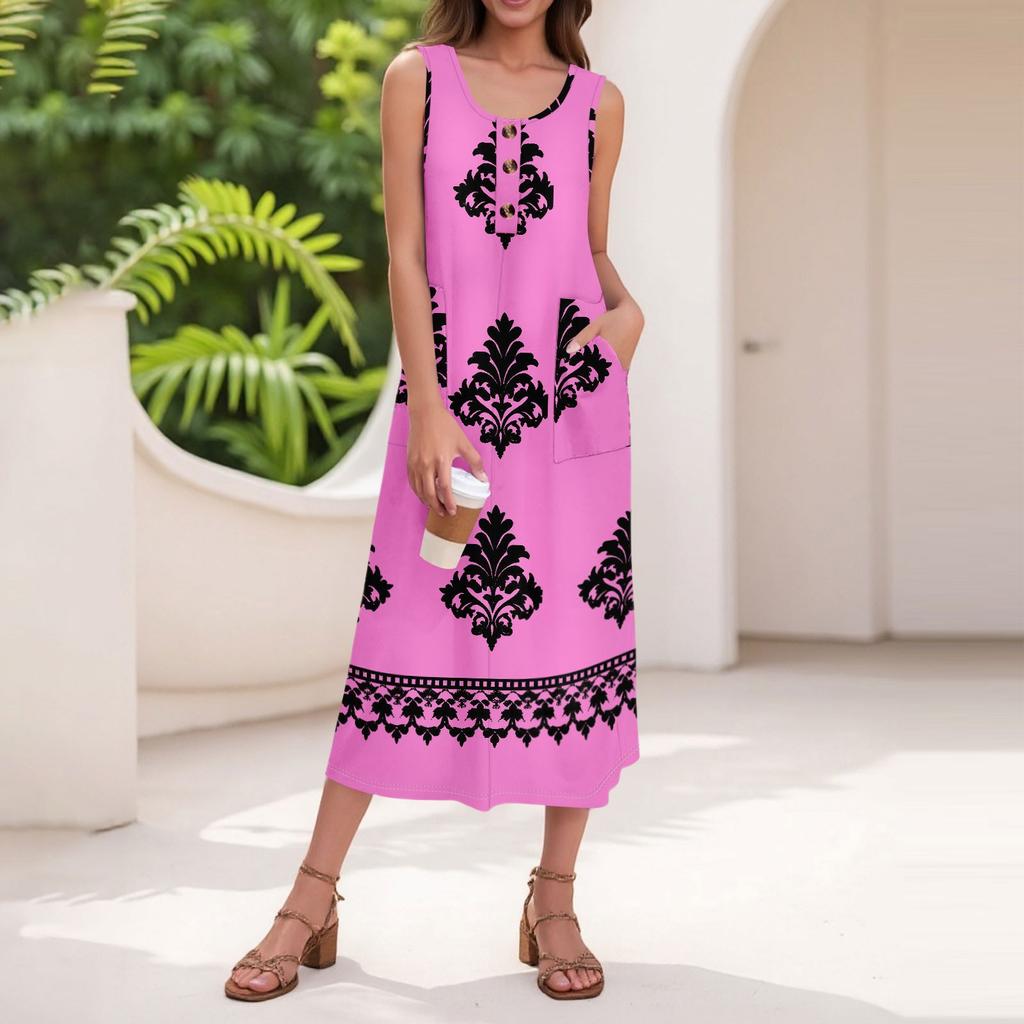 Women's Summer Casual Fashion Retro Printed Sleeveless Button Casual Long Dress