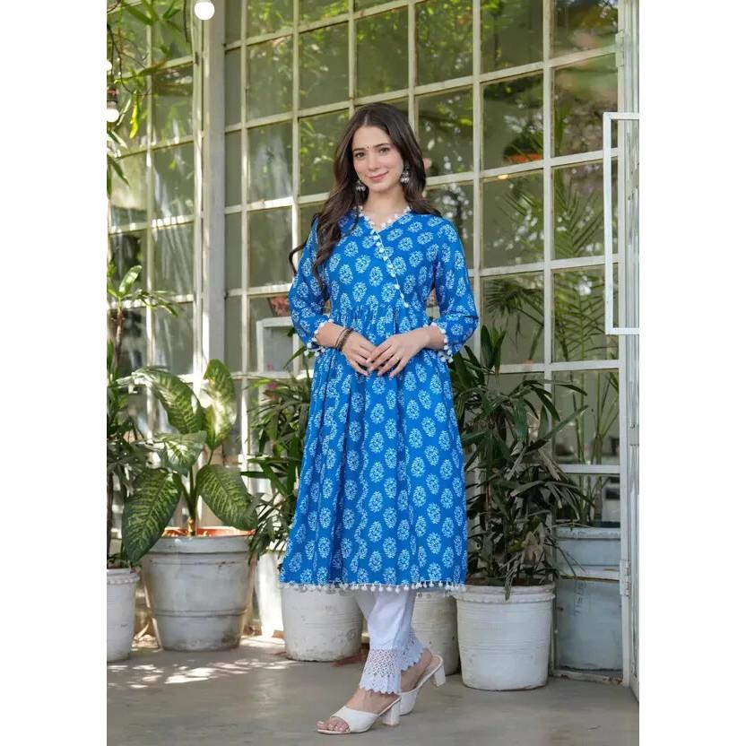 Women Designer Party Wear Cotton Rayon Kurti Pant Set Indian Top Tunic Dress 2361
