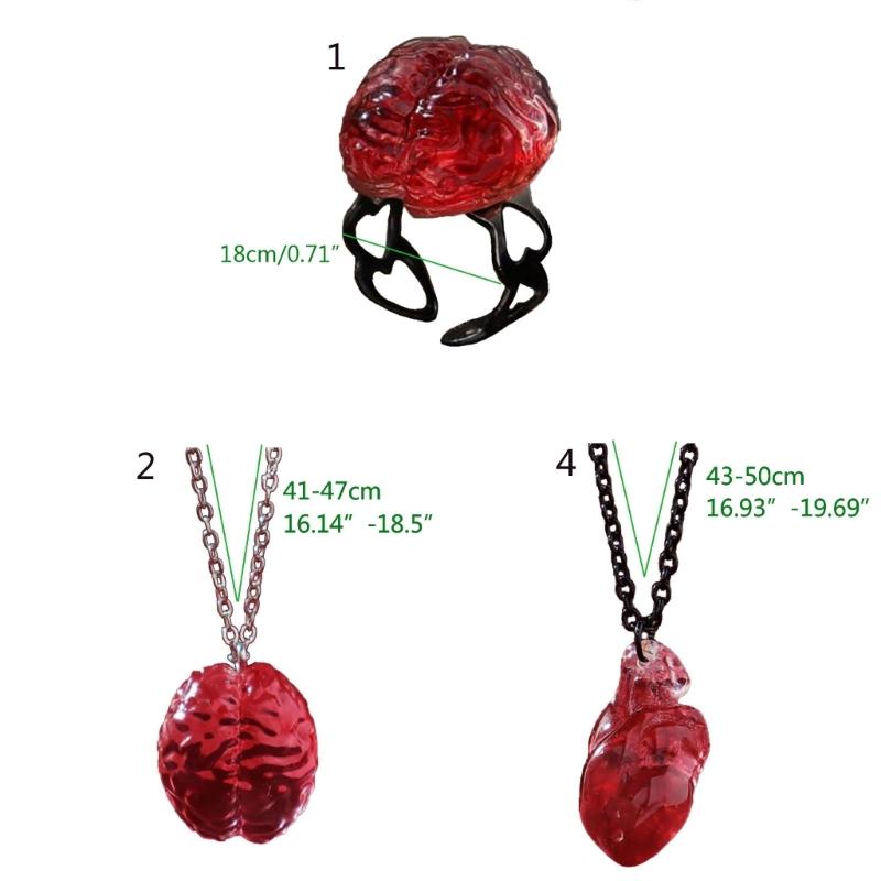 Funny Red Brain Pendant Necklace/Earings/Ring for Halloween Party Unique Heart Neckchain/Ear Drops Stylish Accessory