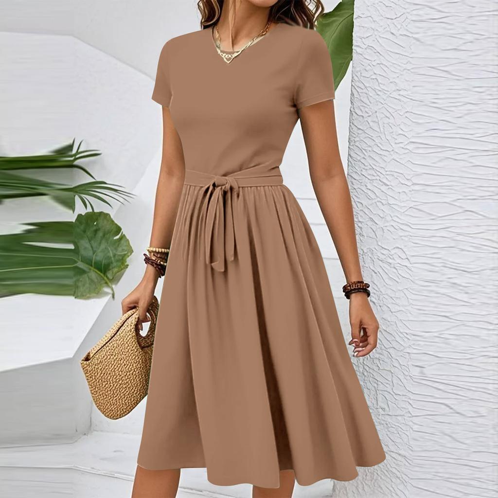 Dámské ležérní módní šaty s páskem, s květinovým potiskem, s krátkým rukávem, s kulatým výstřihem, elegantní