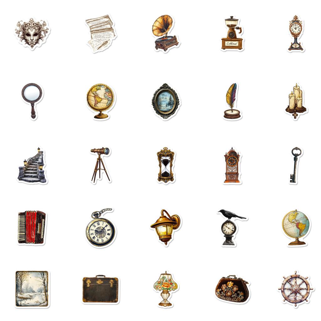 New 50 European Retro Old Objects Graffiti Stickers Poster Style Hand Account Decoration Material Stickers