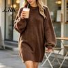 Lässiges einfarbiges Kleid Damen Mini Oversized Pulloverkleid, Langarm Rundhals Strickpullover Warme Oberteile Top, Herbst Winter Locker Tunika Feiertagsparty