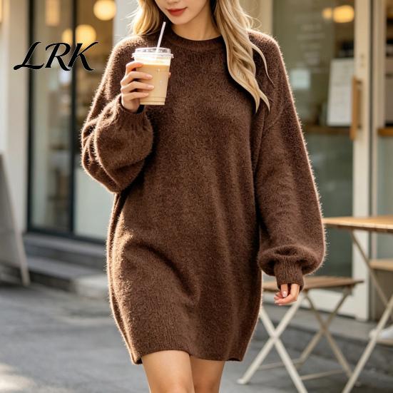 Lässiges einfarbiges Kleid Damen Mini Oversized Pulloverkleid, Langarm Rundhals Strickpullover Warme Oberteile Top, Herbst Winter Locker Tunika Feiertagsparty