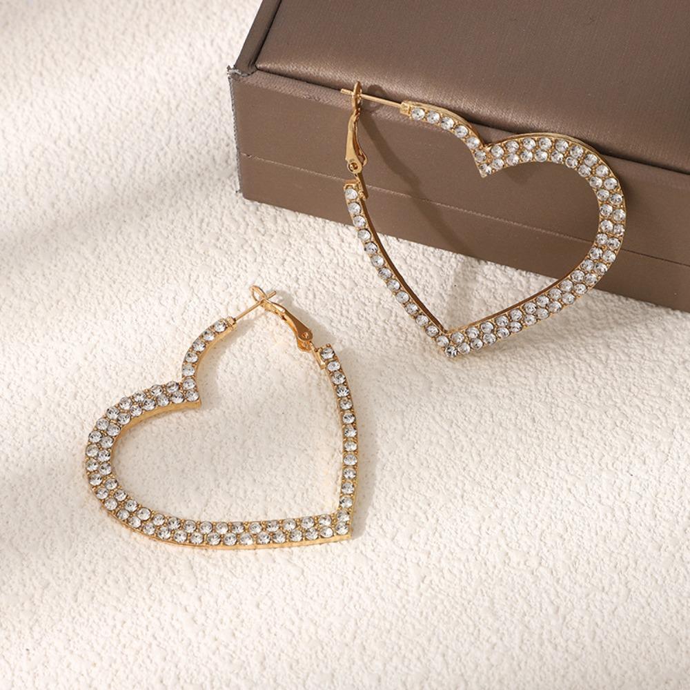 Exaggerated Romantic Full of Zircon Sparkles Geometric Great Heart Shape Hoop Earrings for Women Exquisite Temperament Jewelry