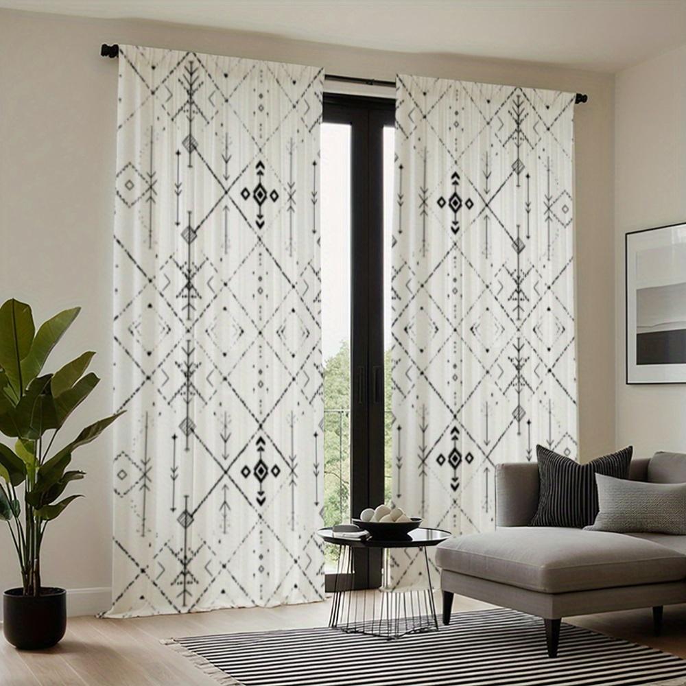 Set Of 2 Bohemian Black White Geometric Pattern Curtains Semi Transparent Polyester Design Living Room Bedroom Curtain With Rod Pocket Perfect For