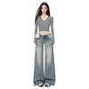 Low-rise, slimming, loose, wide-leg, slightly flared bell-bottom jeans for girls and women, perfect for spring.
