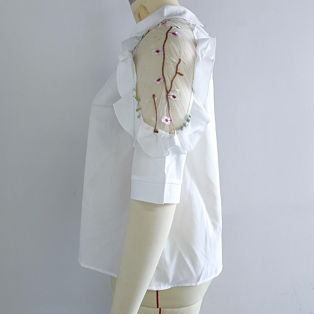 Frühling/Sommer Große Größe Damen Hemd Temperament Revers Perspektive Gestickte Nähte Ärmel Hemd