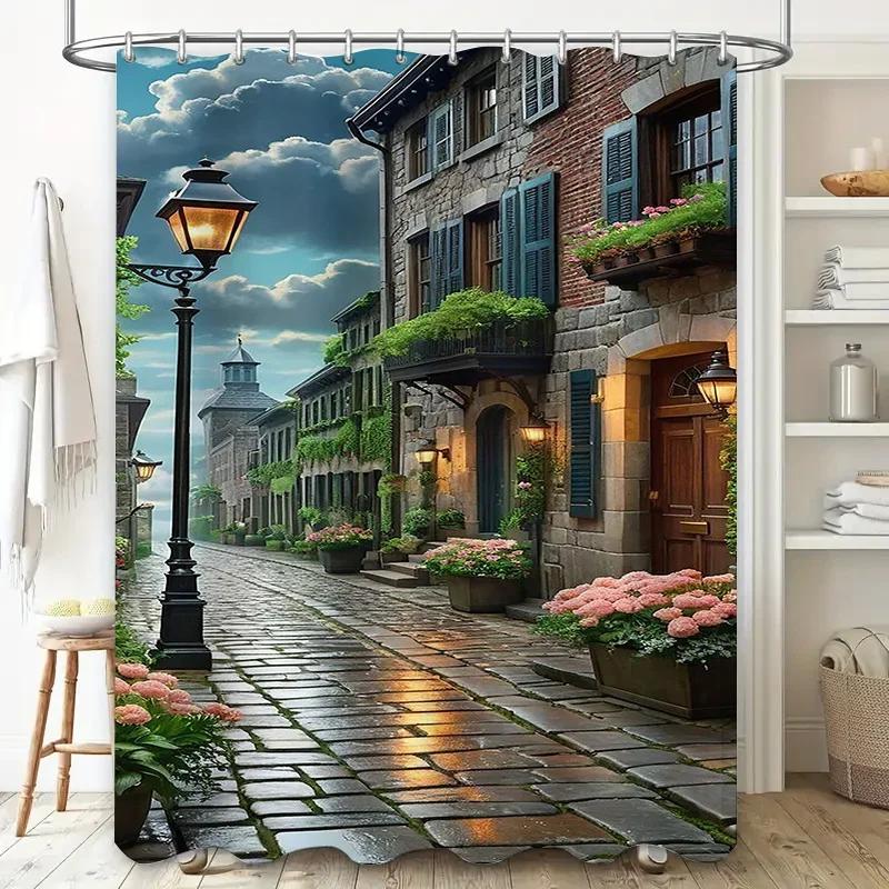 Charming Old Town Street Waterproof Shower Curtain Heat Resistant Machine Washable Non-Transparent 180x180cm