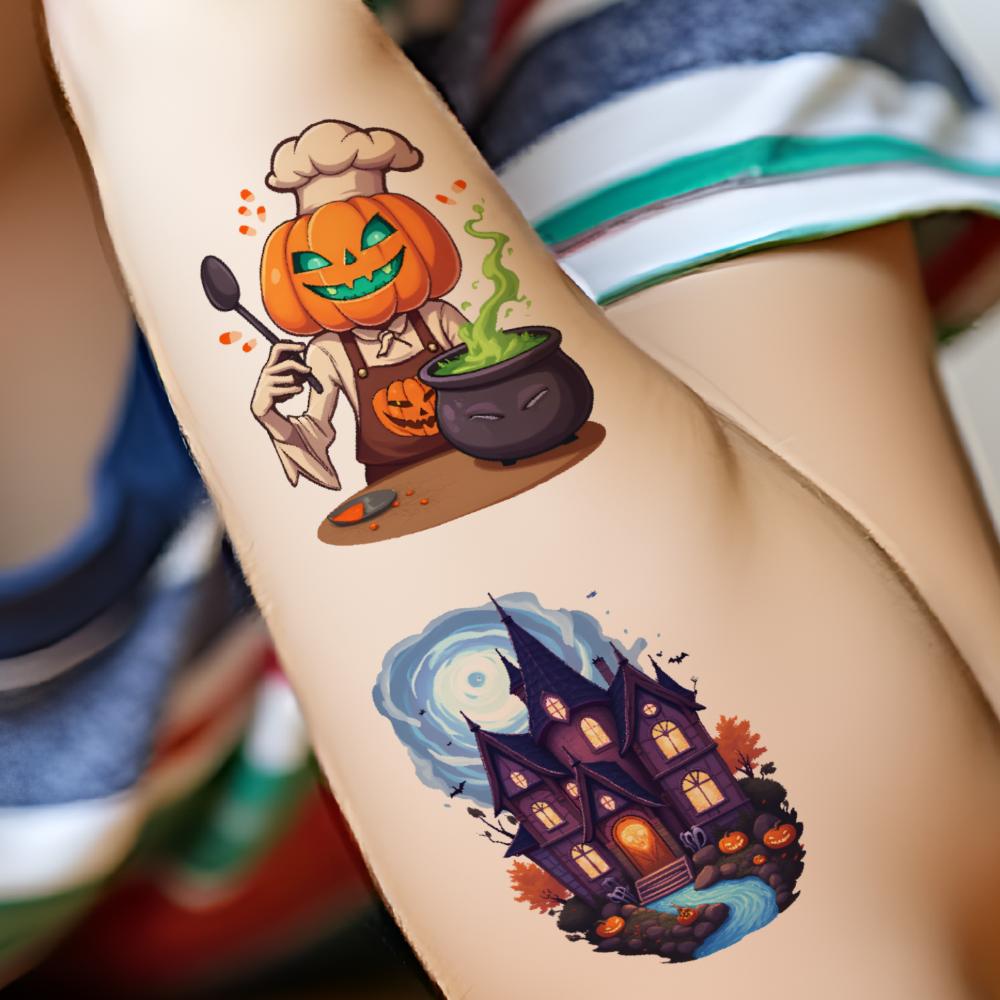 63pcs Temporary Tattoo Pumpkin Heads Temporary Tattoo Stickers Witch Figures Ghost Figures Comic Halloween Characters For Men