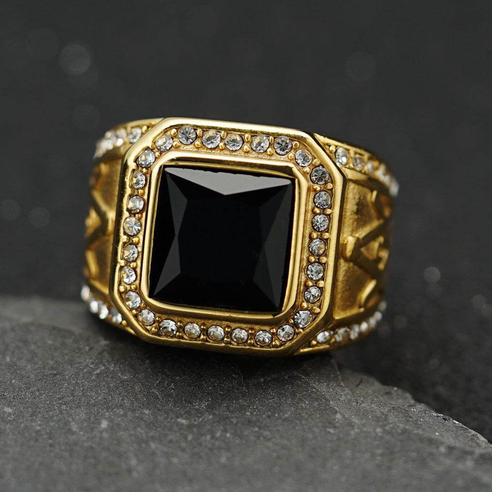 Stainless Steel Ring Vintage Gold Color Rhinestone Male Hiphop Rock Man Women Retro Free Mason Freemasonry Masonic Jewelry