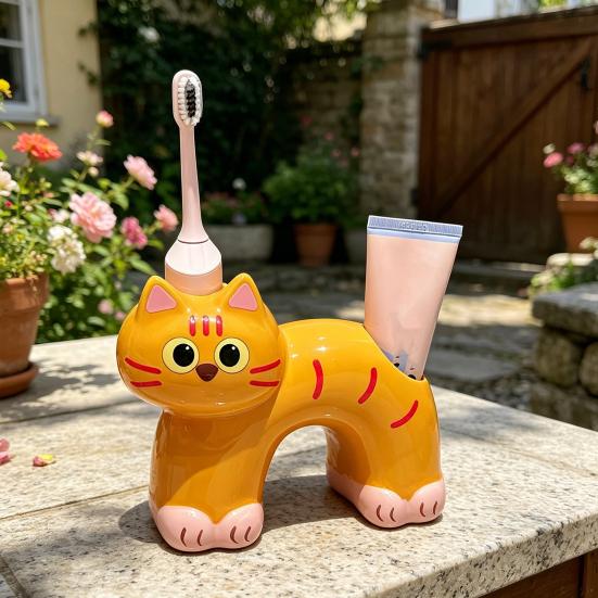 Toothbrush Holder, Cat Shape with Drain Port, Mold-Resistant Double-Hole Ceramic Organizer for Bathroom Accessory