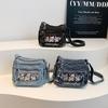 Borsa a tracolla gatto ricamato stile coreano carina Borsa a sacchetto in denim lavato per donne Styling quotidiano Casual Minimalista Borsa a spalla