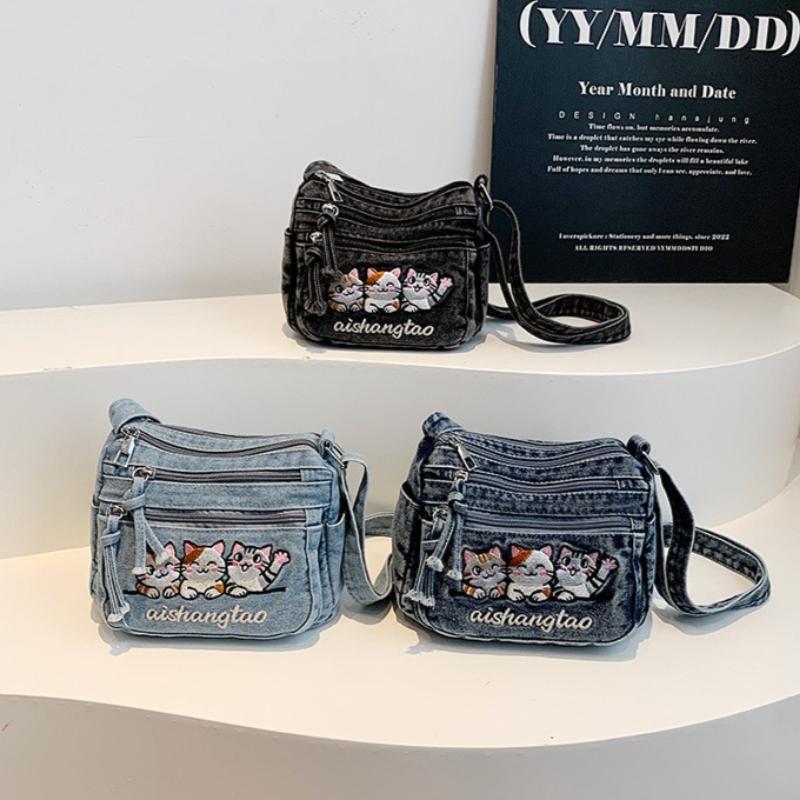Borsa a tracolla gatto ricamato stile coreano carina Borsa a sacchetto in denim lavato per donne Styling quotidiano Casual Minimalista Borsa a spalla