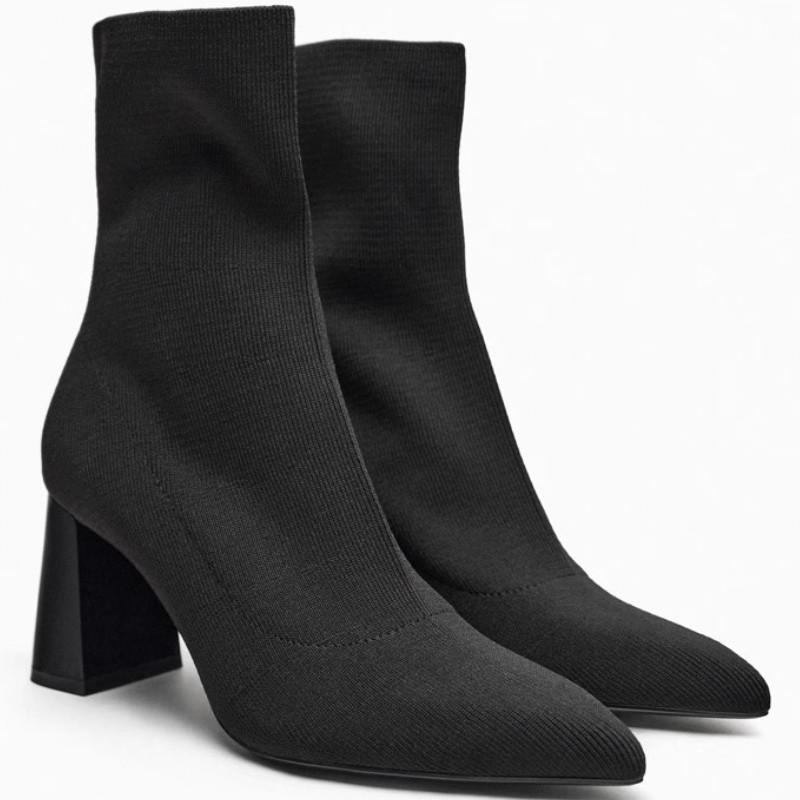 NEW 2025 Elastic Fabric Sock Boots Women Comfortable Square Toe Chunky Heeled Designer Ankle Short Boots Botines Para Mujeres